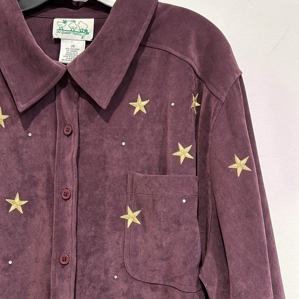 Vintage Quacker factory long sleeve button down faux suede embroidered star top - Picture 2 of 5